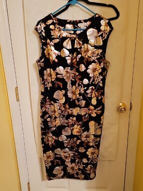 New York & Company Black Midi Dress with Gold Floral Jacquard Accents